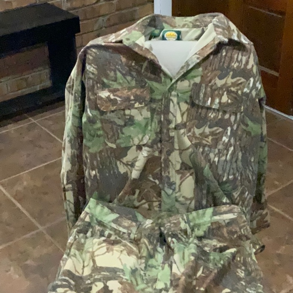 Camouflage hunting pants and shirt. Cold-weather